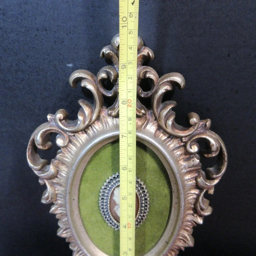 Vintage Burwood Arabesque Ornate Gold Frame w/ Green Velvet Cameo Wall Decor USA